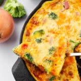 Ham and cheese frittata in a cast iron skillet for Easter brunch.