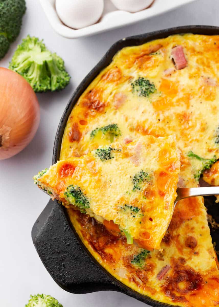 Ham and cheese frittata in a cast iron skillet for Easter brunch.