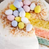 Easter cake with eggs on top.