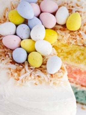 Easter cake with eggs on top.