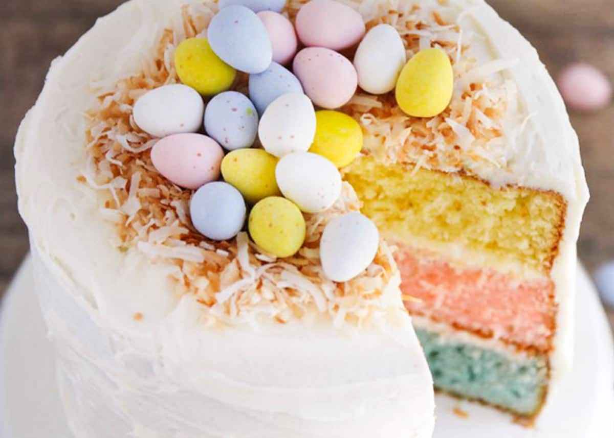 Easter cake with eggs on top.