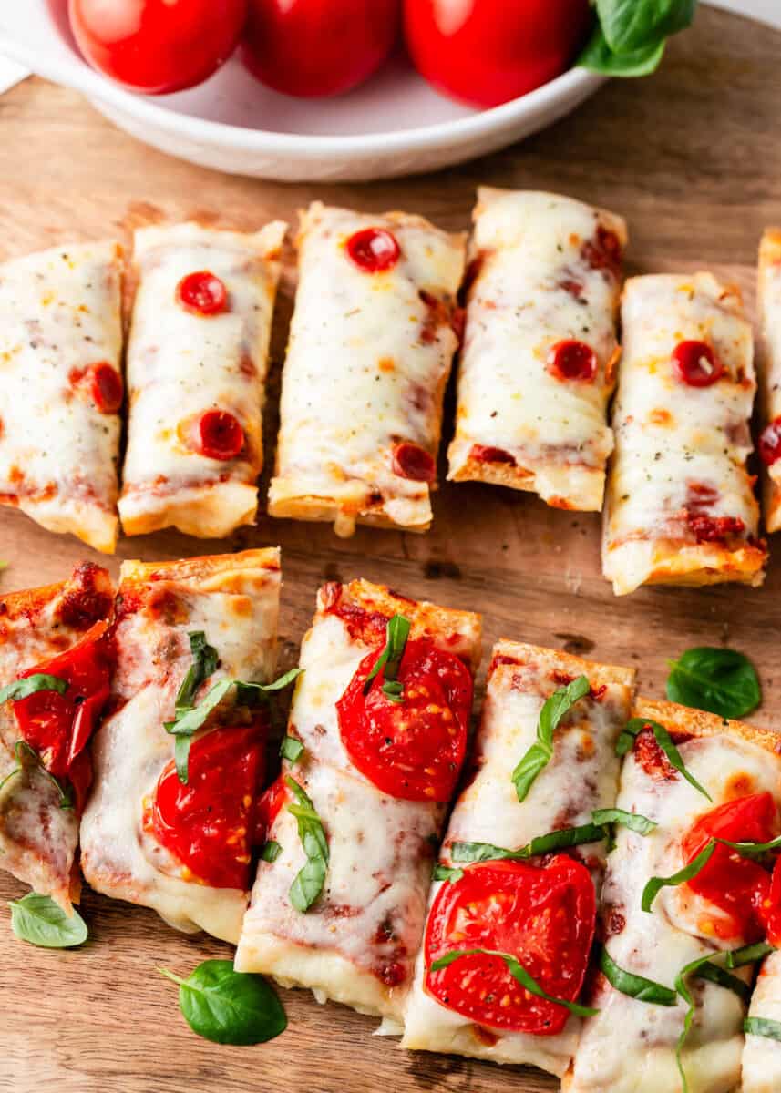 Sliced french bread pizza.