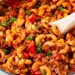 Goulash in a white pot for an easy ground beef dinner recipe.