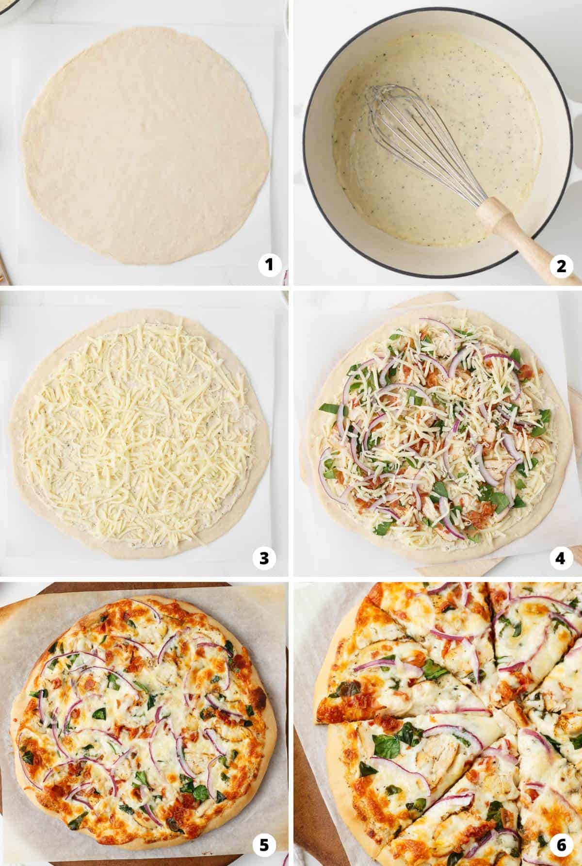 Showing how to make alfredo pizza in a 6 step collage.