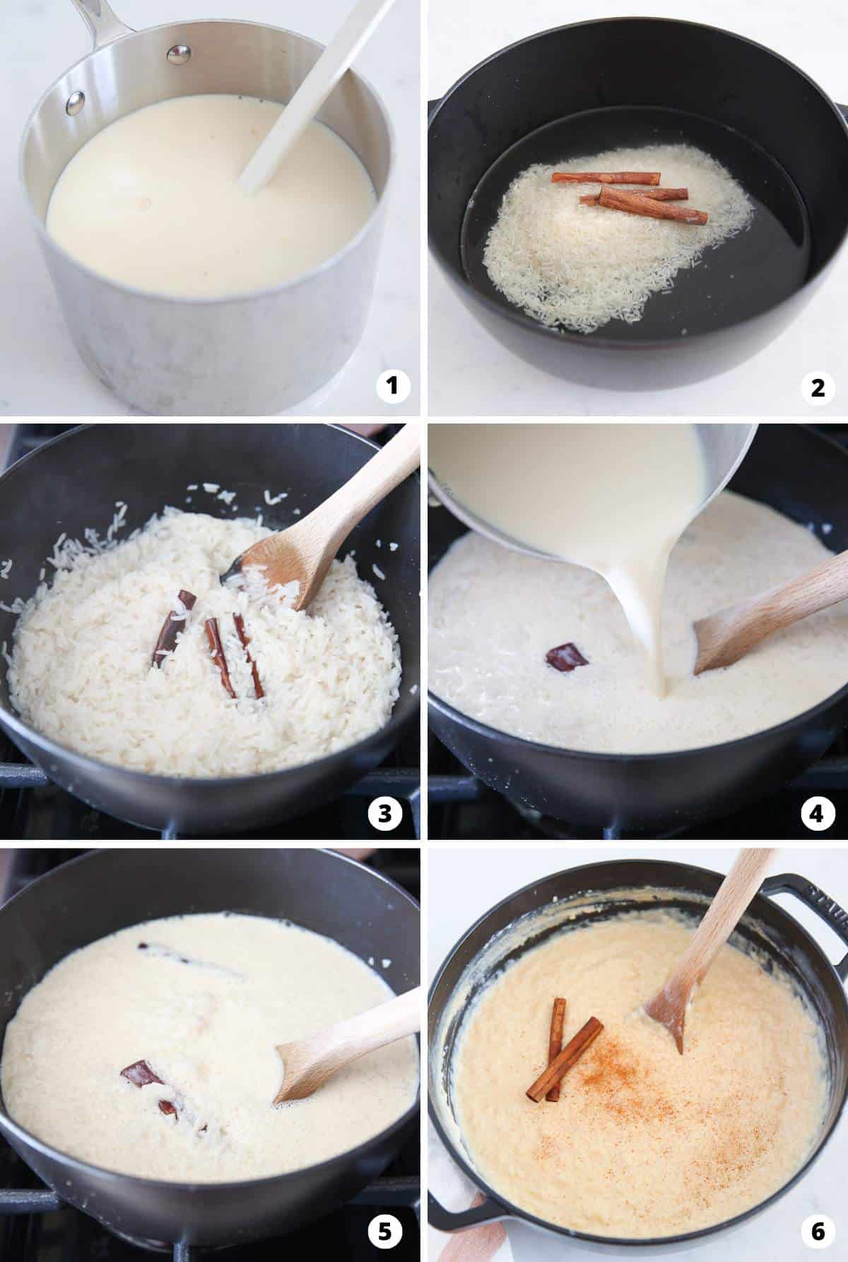 Showing how to make arroz con leche in a 6 step collage.