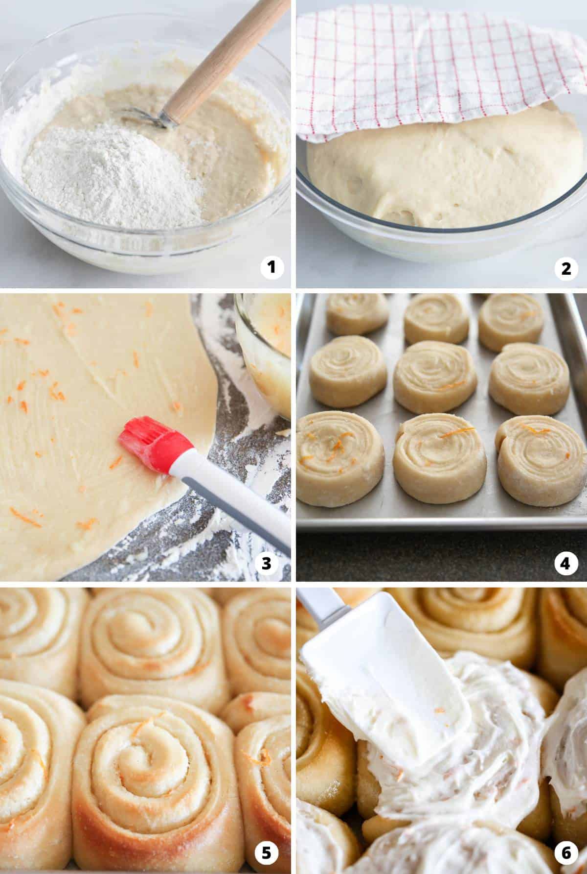 The process of making orange rolls in a six step photo collage. 