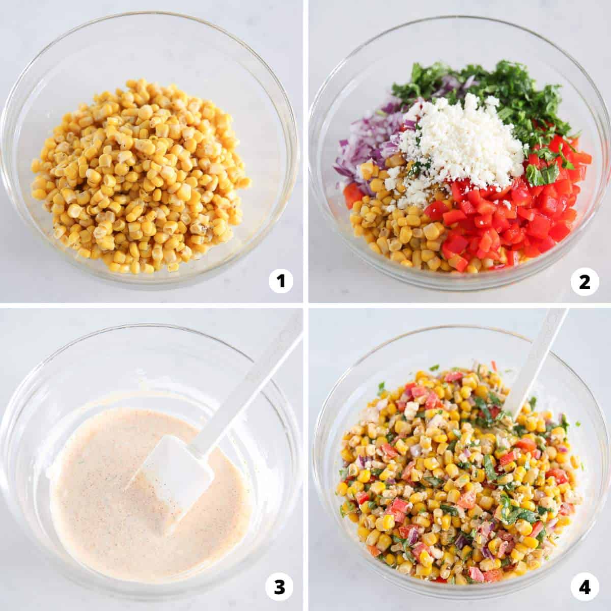Showing how to make Mexican corn salad in a 4 step collage.