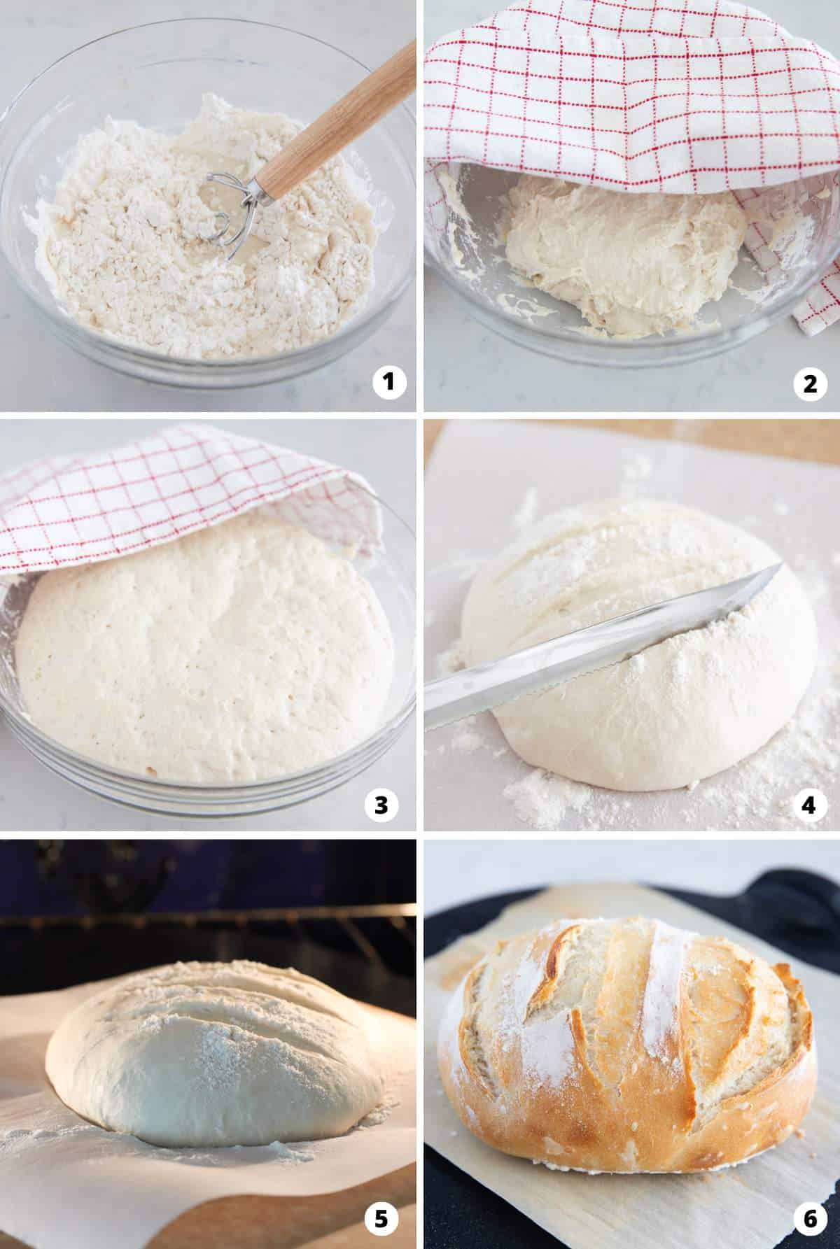 The process of making artisan bread in a six step photo collage. 