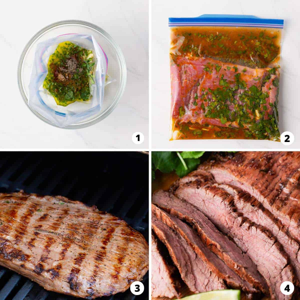 Showing how to make carne asada in a 4 step collage.
