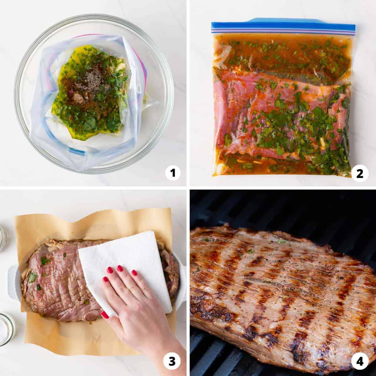 Showing how to make carne asada marinade in a 4 step collage.