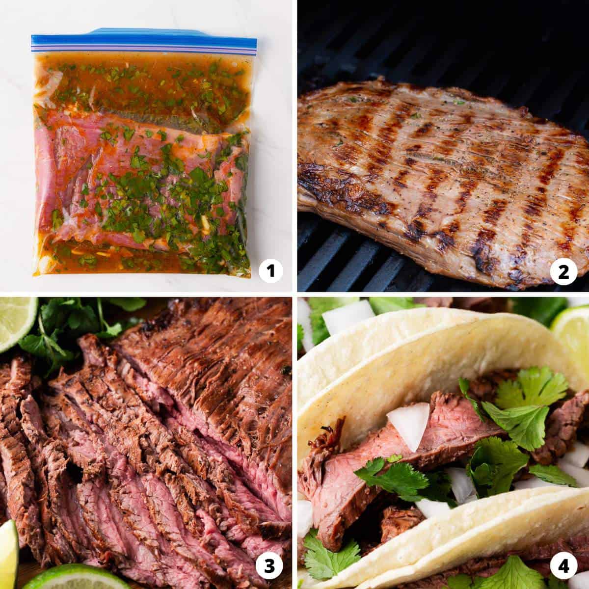 Showing how to make carne asada tacos in a 4 step collage.