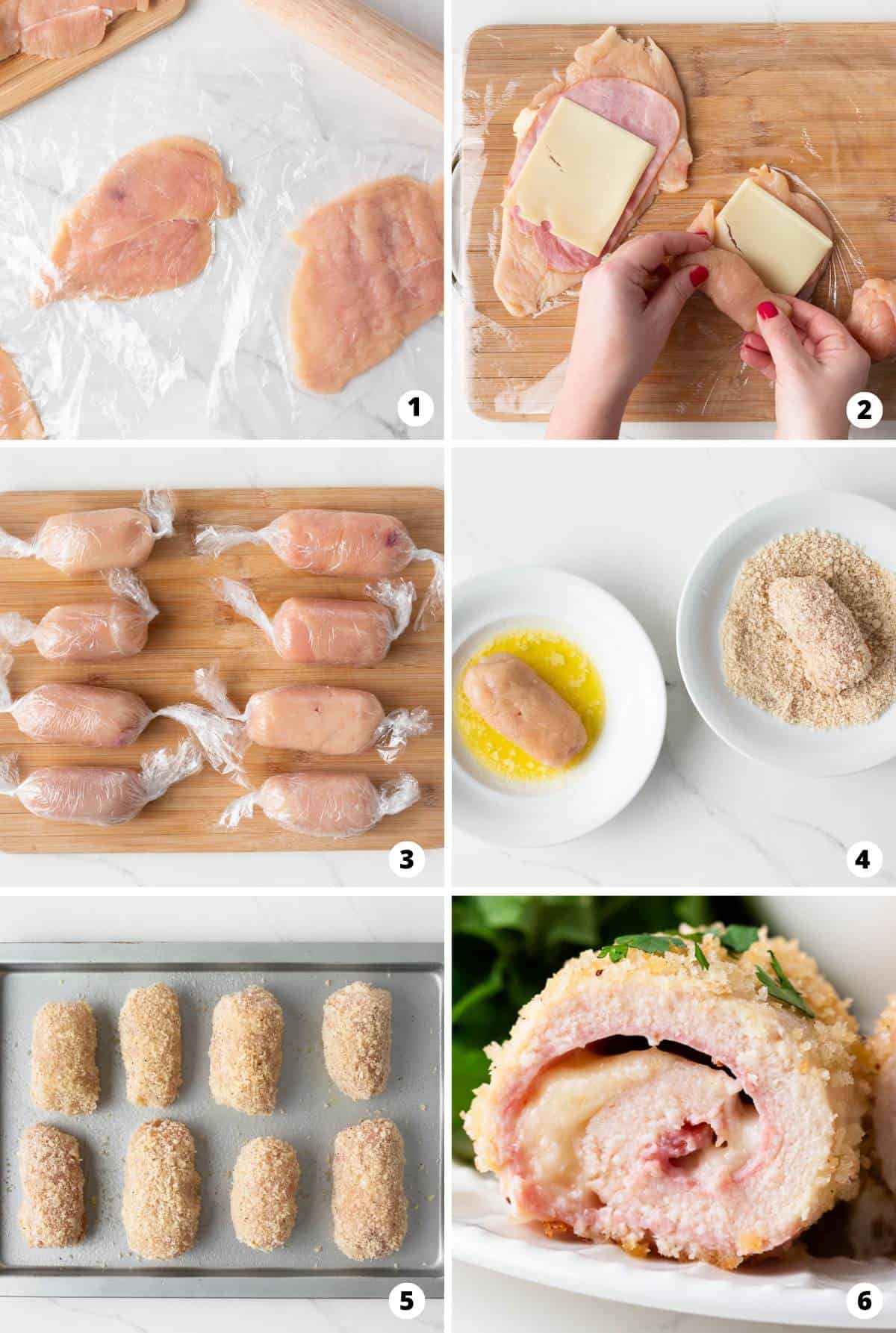 Showing how to make chicken cordon bleu in a 6 step collage.