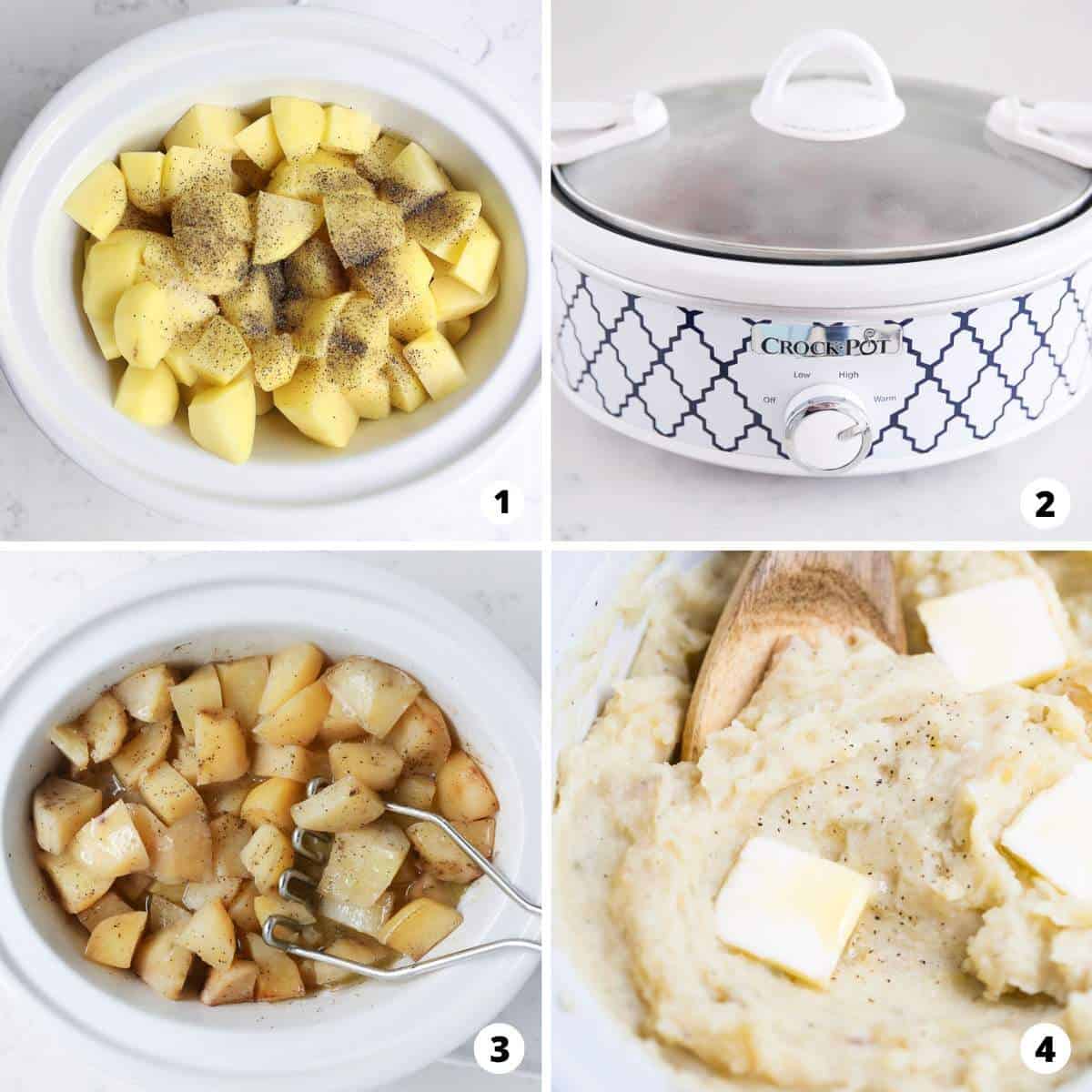 Showing how to make crockpot mashed potatoes in a 4 step collage.