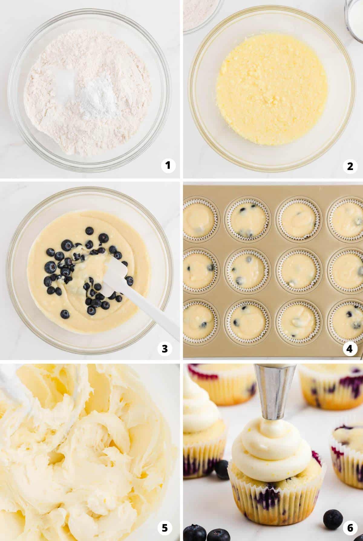 The process of making lemon blueberry cupcakes in a six step photo collage. 