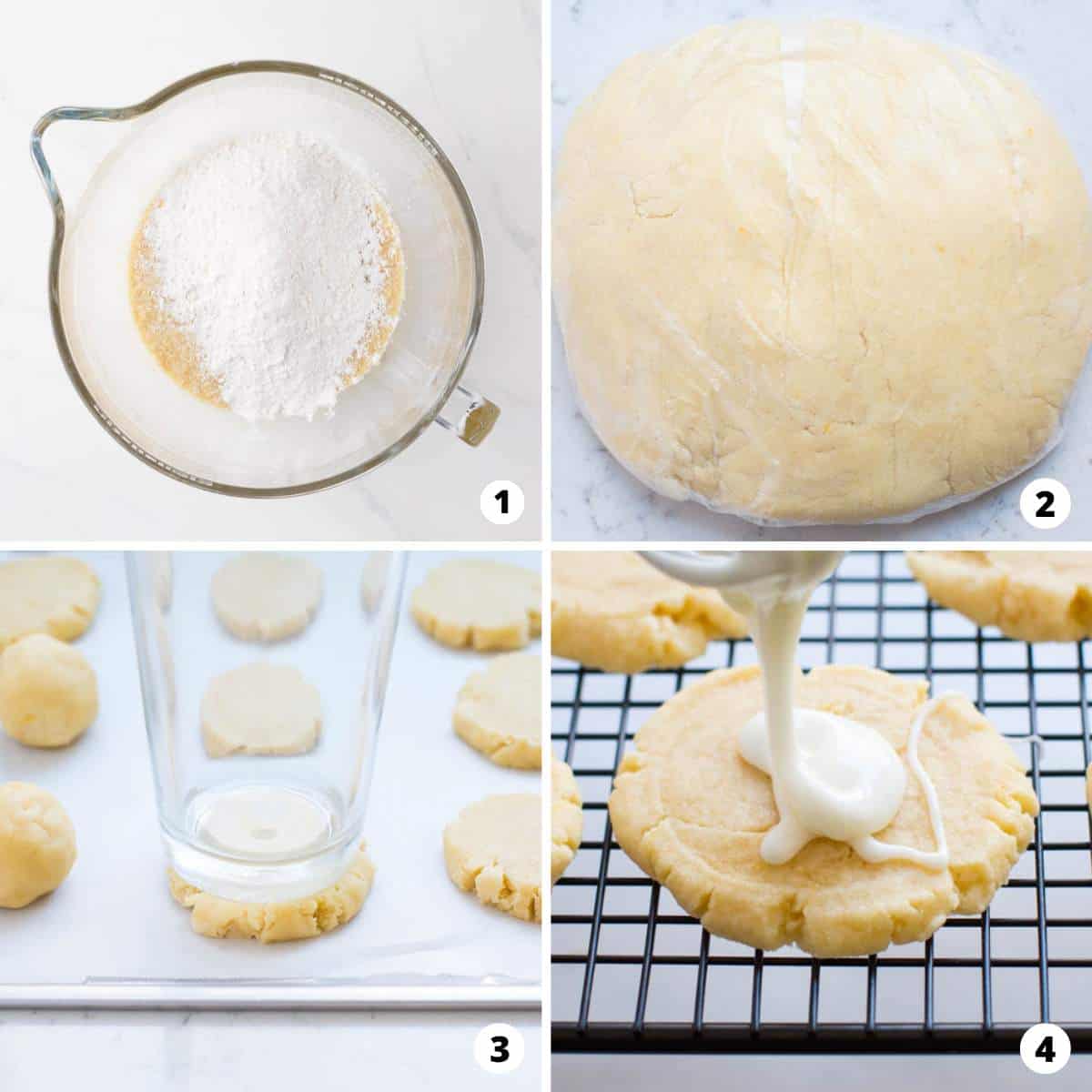 The process of making glazed lemon cookies in a four step photo collage. 