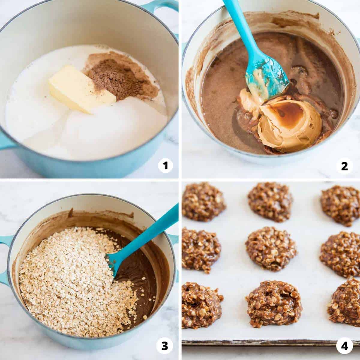 Showing how to make no bake cookies in a 4 step collage.