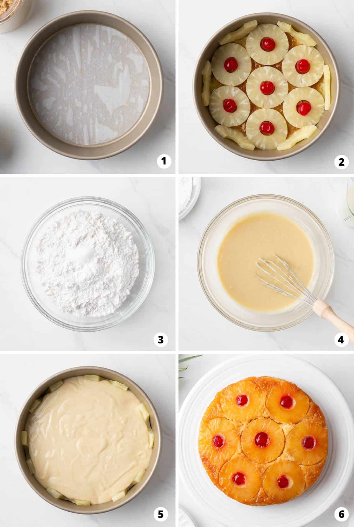 Showing how to make pineapple upside down cake in a 6 step collage.