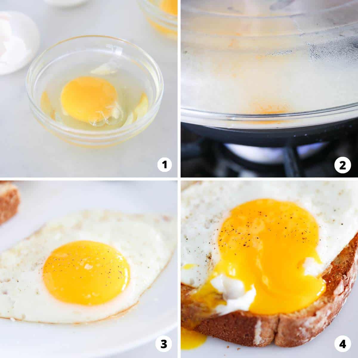 Showing how to make sunny side up eggs in a 4 step collage. 