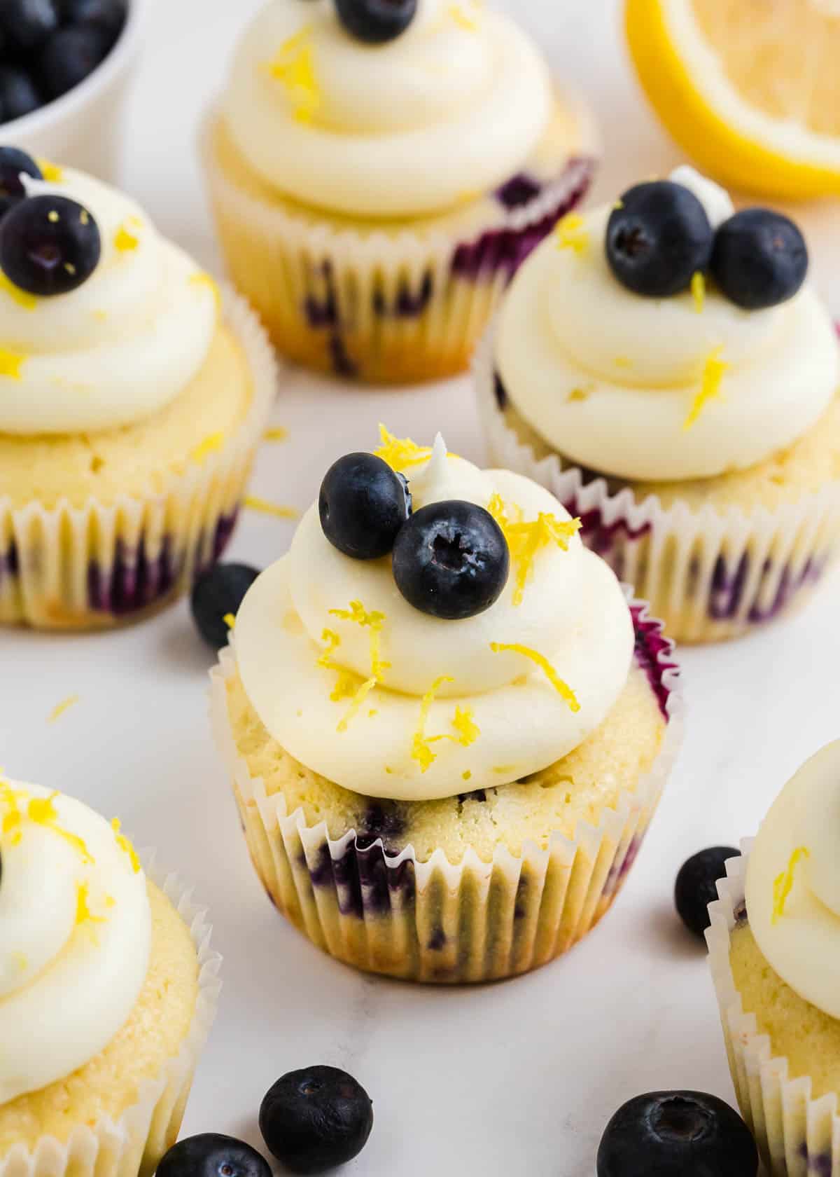 Up close photo of lemon blueberry cupcakes. 