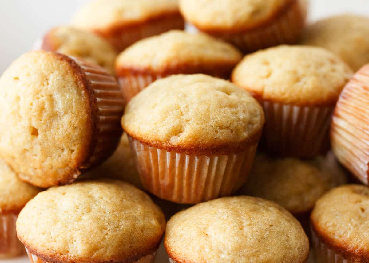 Stacked mini banana muffins. 
