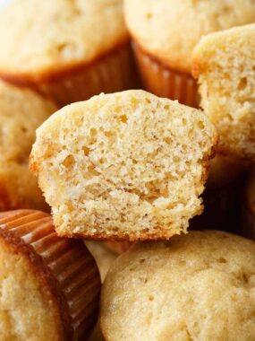 Sliced mini banana muffin.