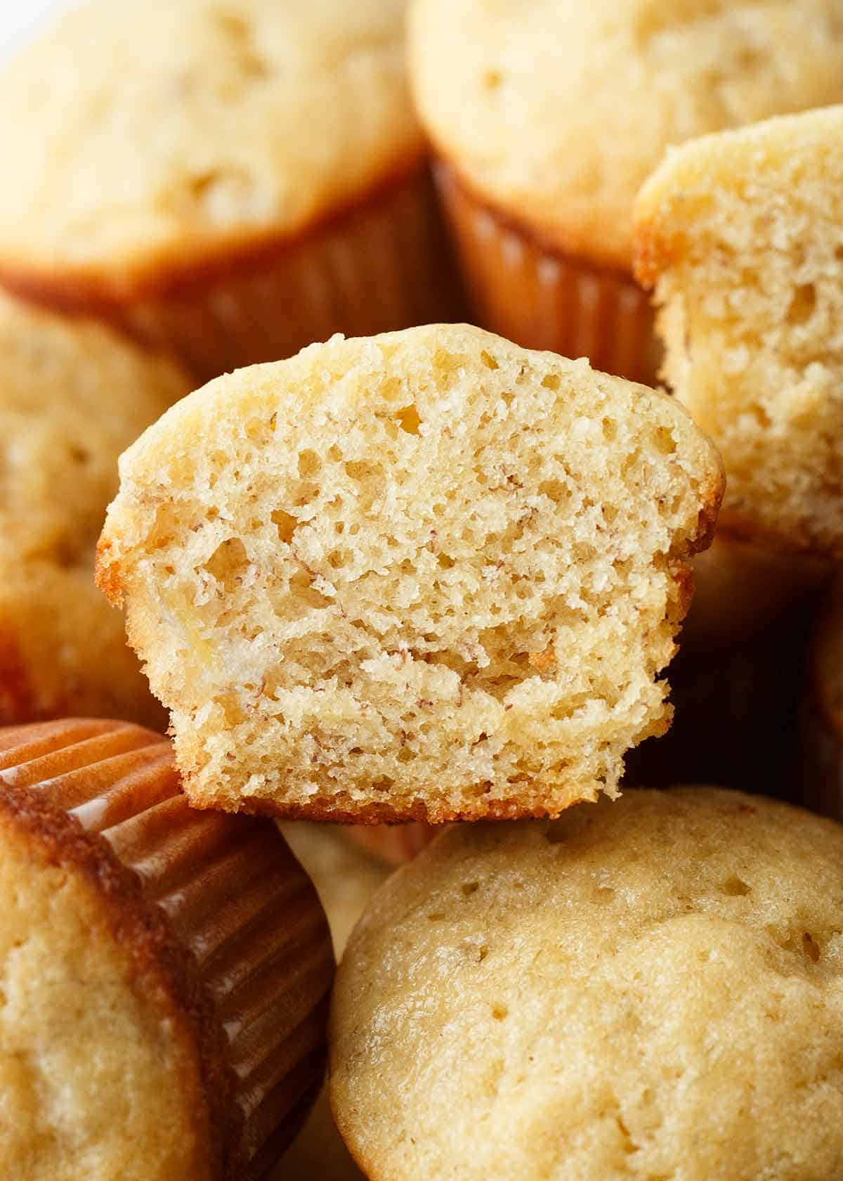 Sliced mini banana muffin.