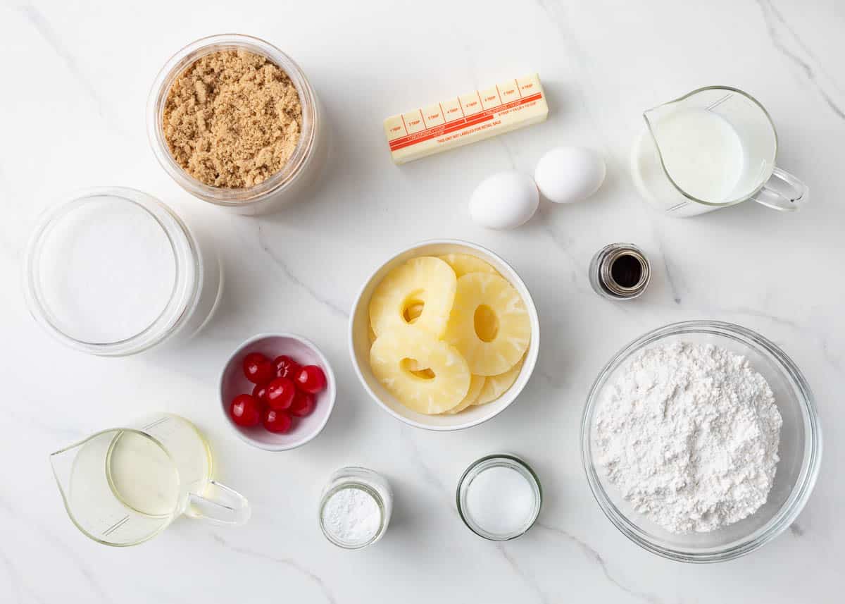 Pineapple upside down cake ingredients on counter.