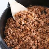 Taco meat in a cast iron skillet.