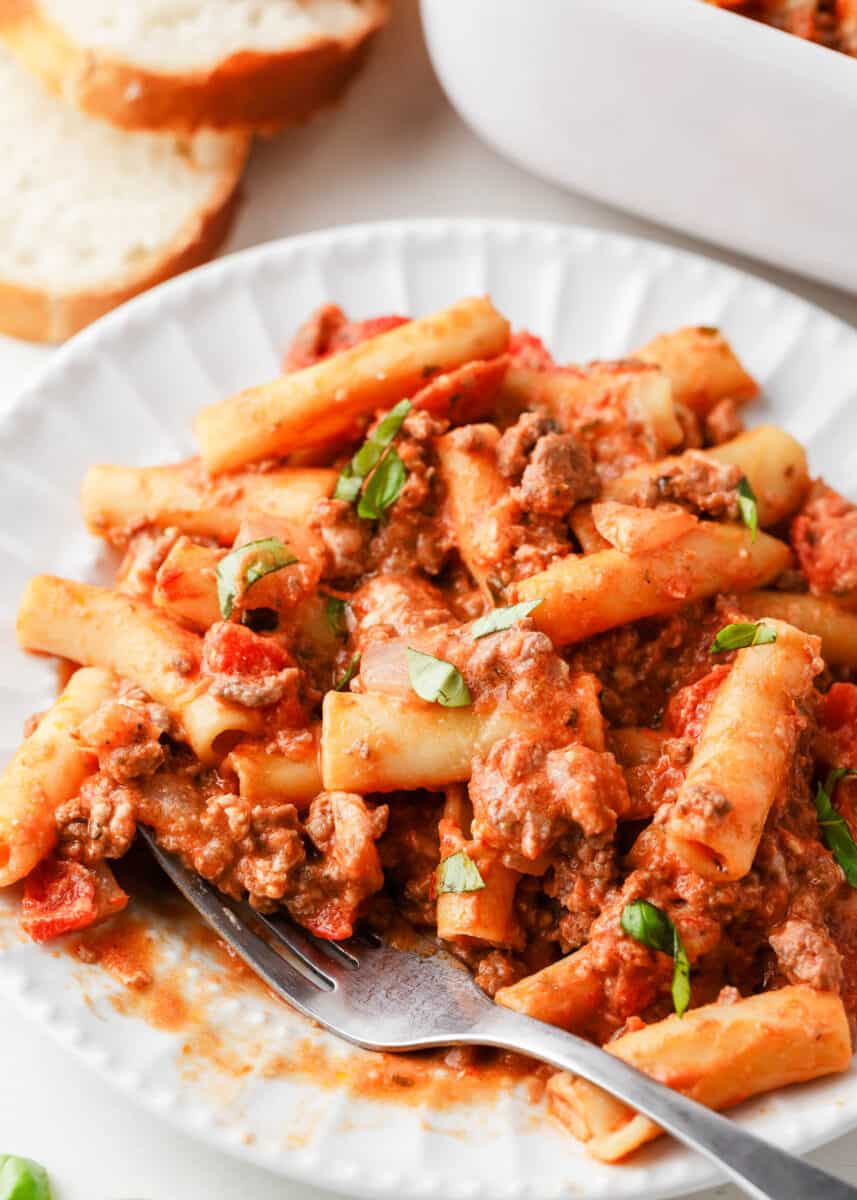 Baked ziti on a white plate.