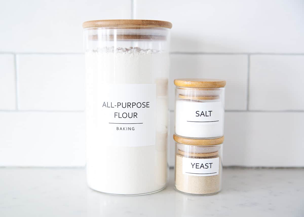 Artisan bread ingredients on counter.