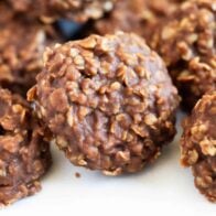 No bake cookies on a white plate.