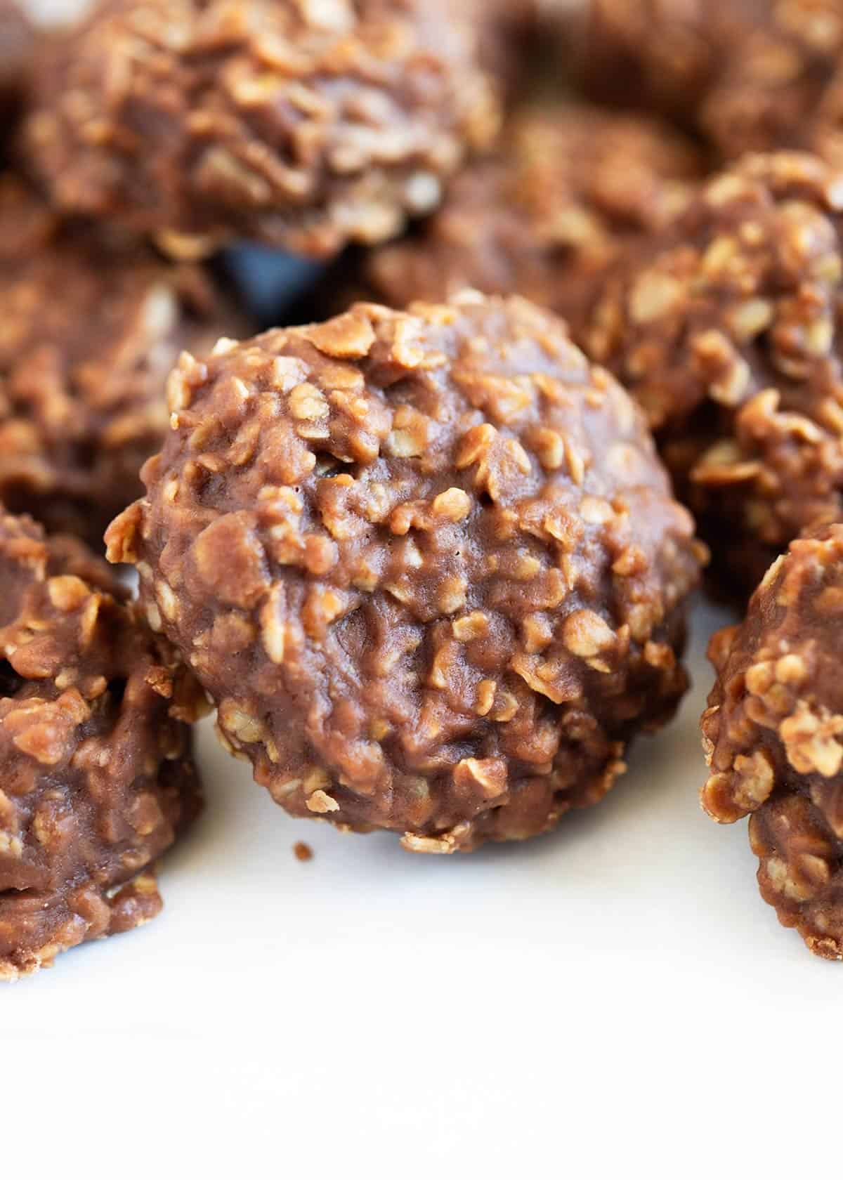 No bake cookies on a white plate.