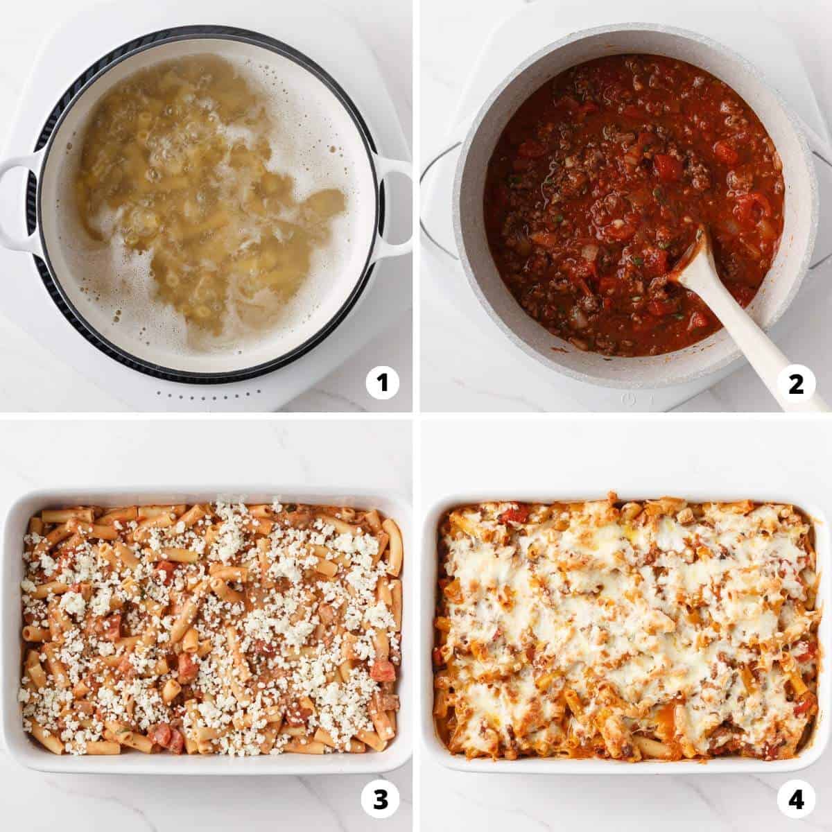 Showing how to make baked ziti in a 4 step collage.