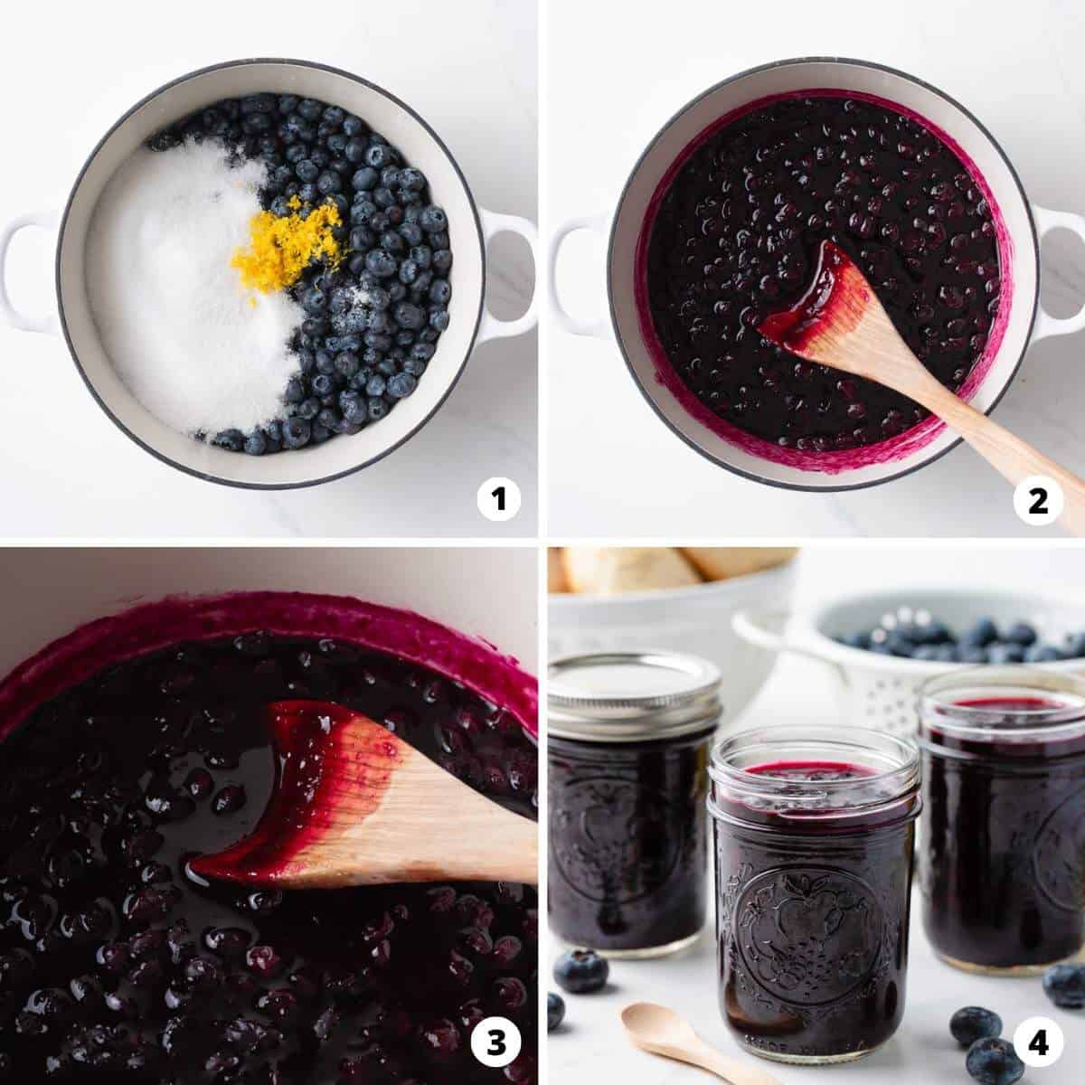 Showing how to make blueberry jam in a 4 step collage.
