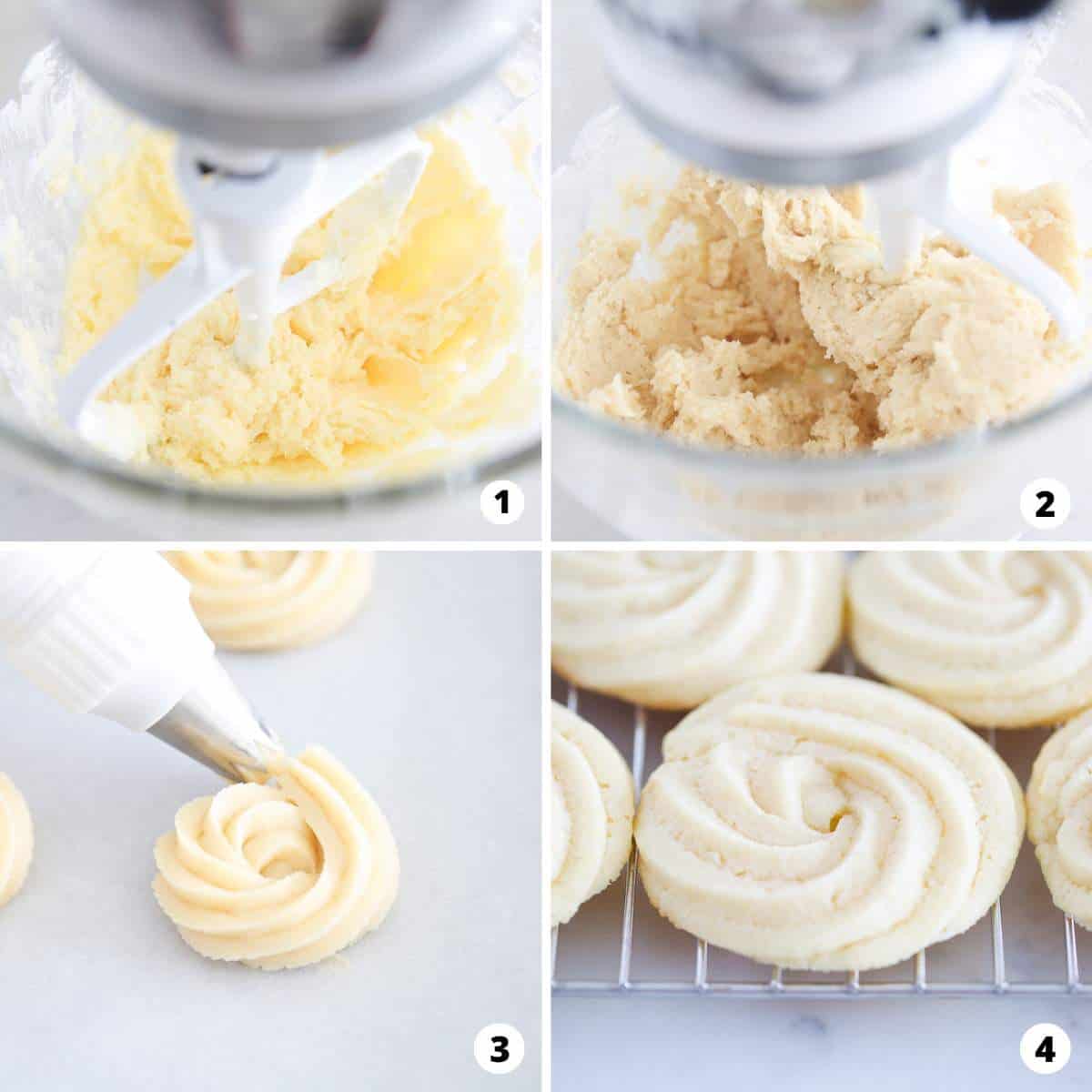 Showing how to make butter cookies in a 4 step collage.