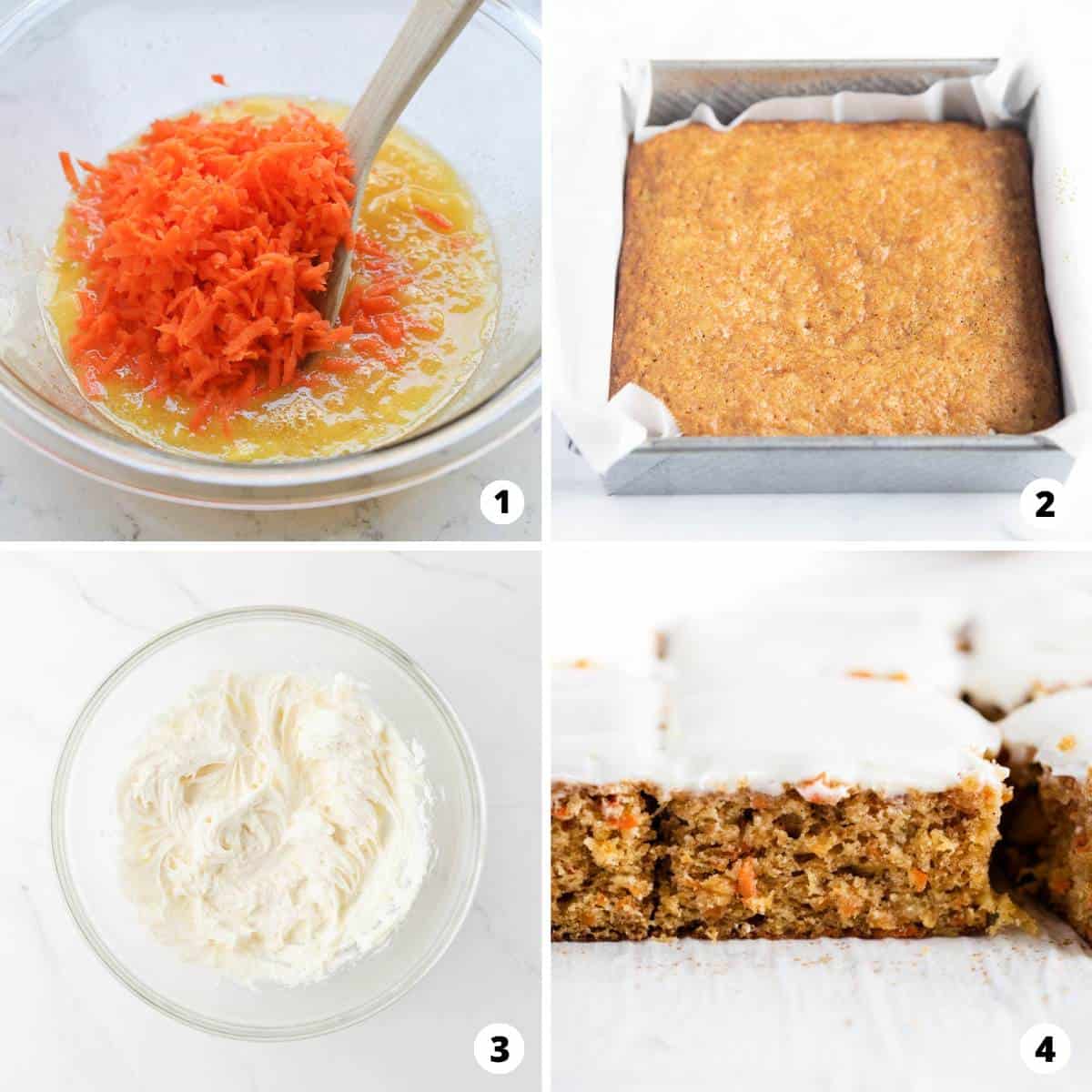 The process of making carrot cake in a four step process. 