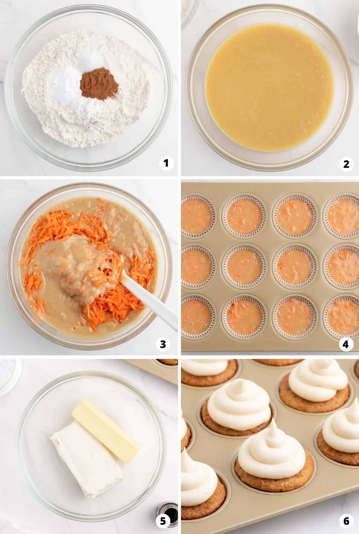 The process of making carrot cupcakes in a six step photo collage. 
