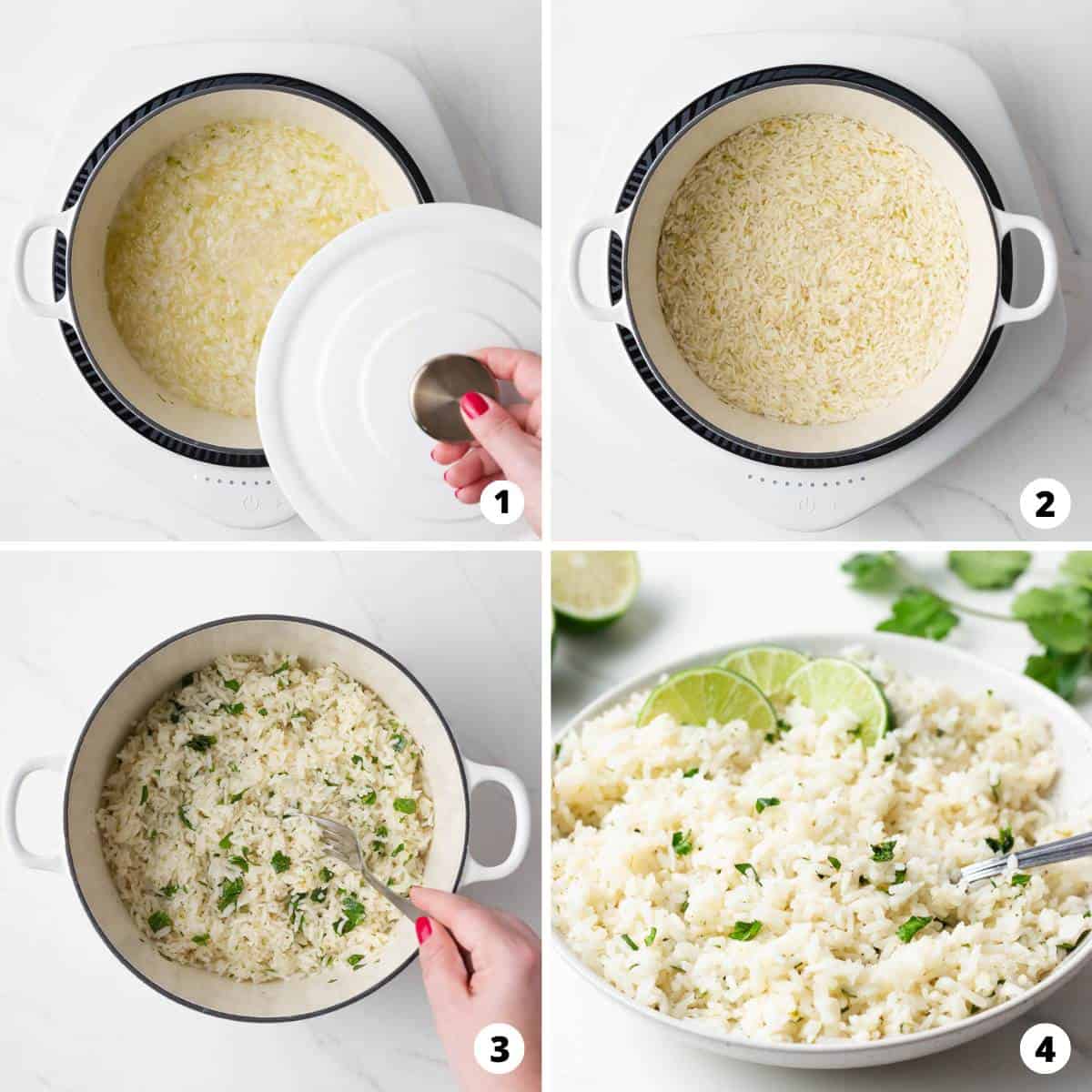 Showing how to make cilantro lime rice in a 4 step collage.
