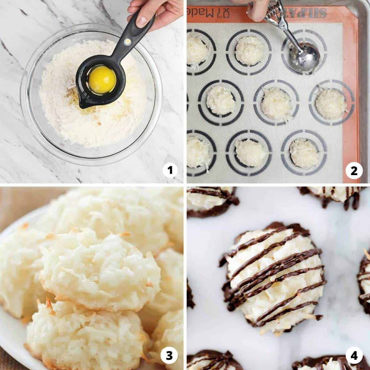 The process of making coconut macaroons in a four step photo collage. 