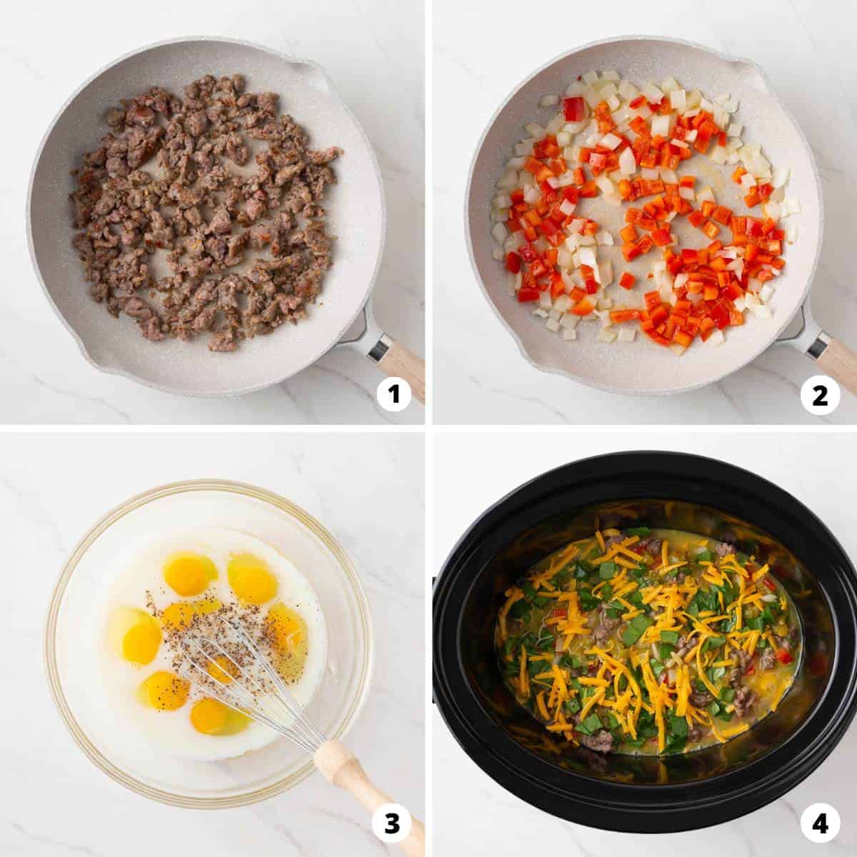 Showing how to make crockpot breakfast casserole in a 4 step collage.