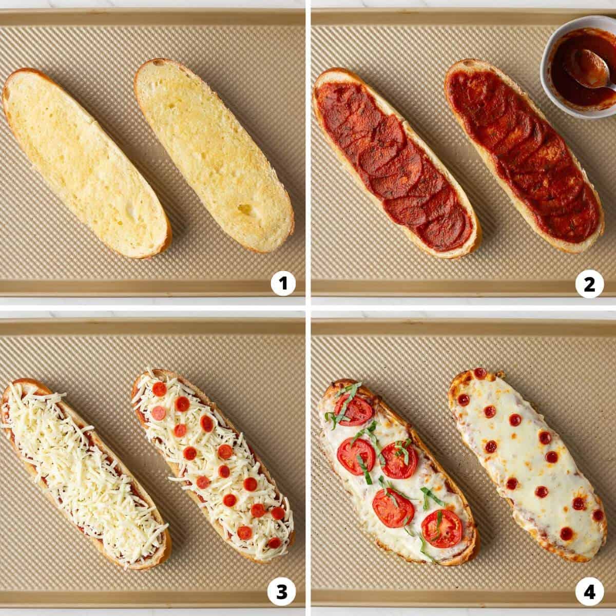 Showing how to make french bread pizza in a 4 step collage.