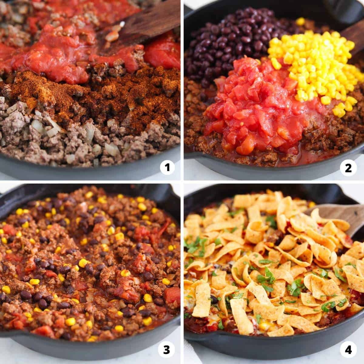 This Frito pie is made with a taco seasoned ground beef base with beans and corn then baked with plenty of cheese and crunchy Fritos. It's a family friendly meal everyone loves! Showing how to make frito pie in a 4 step collage.