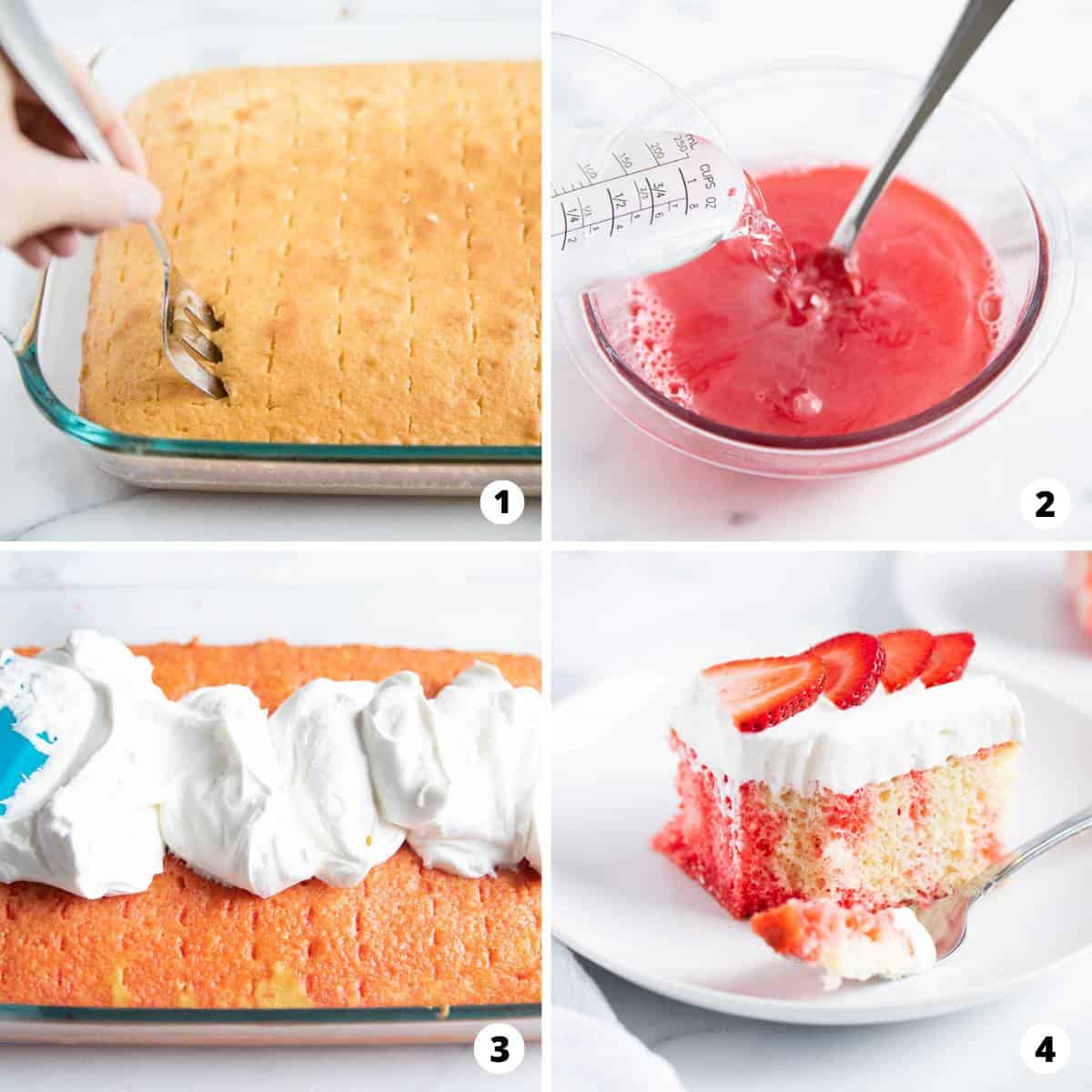 The process of making jello poke cake in four photos. 