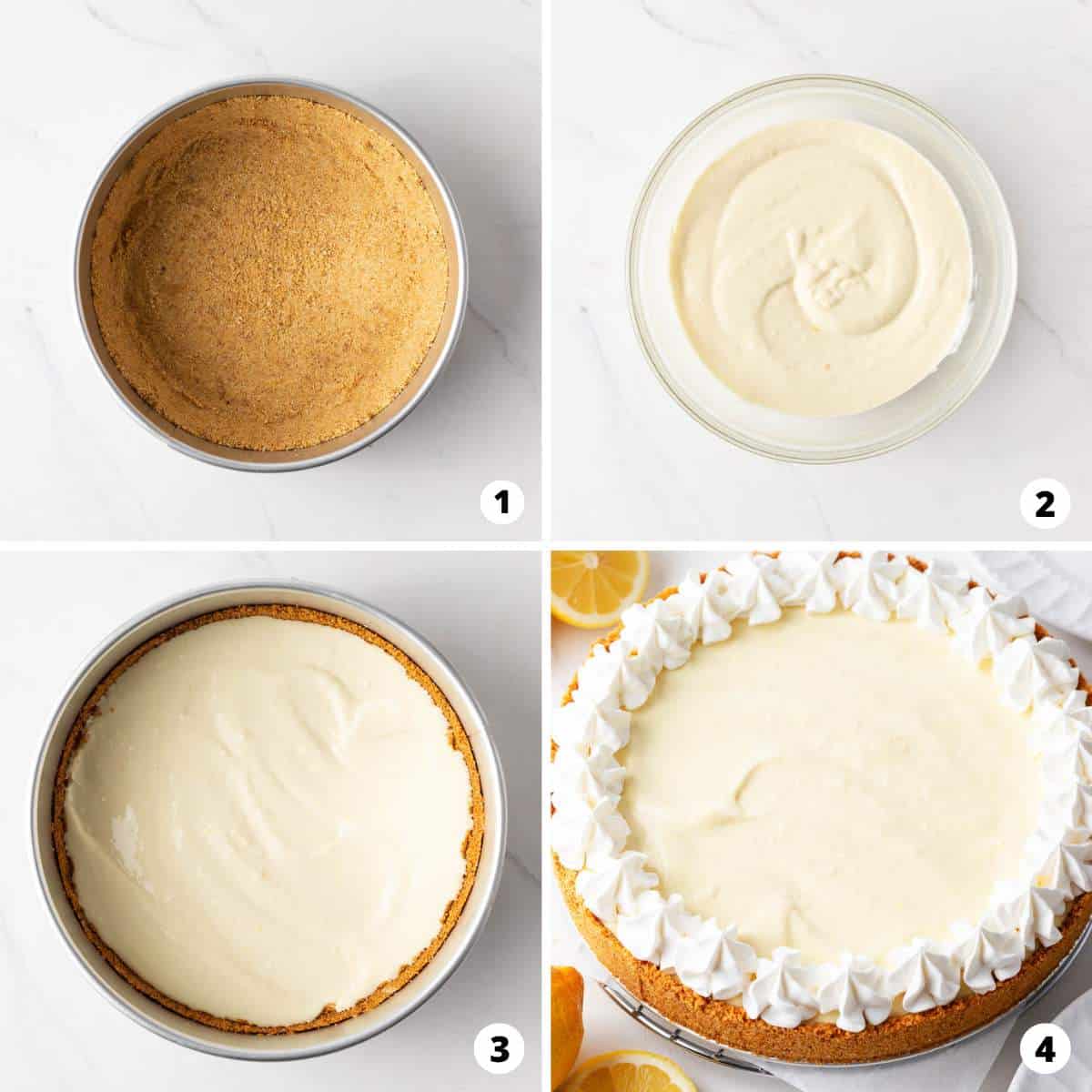 Showing how to make a lemon icebox pie in a 4 step collage.