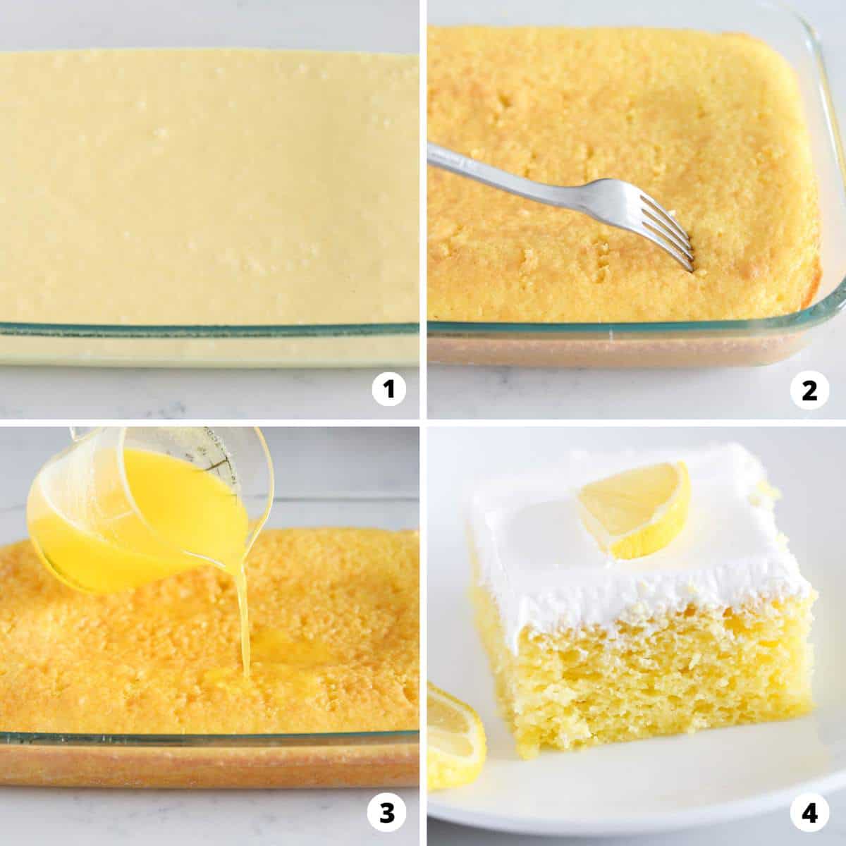 The process of making lemon jello poke cake in a four step photo collage. 