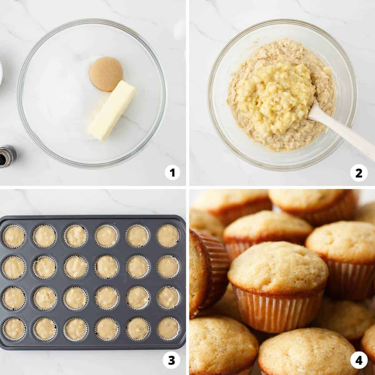 Showing how to make mini banana muffins in a 4 step collage. 