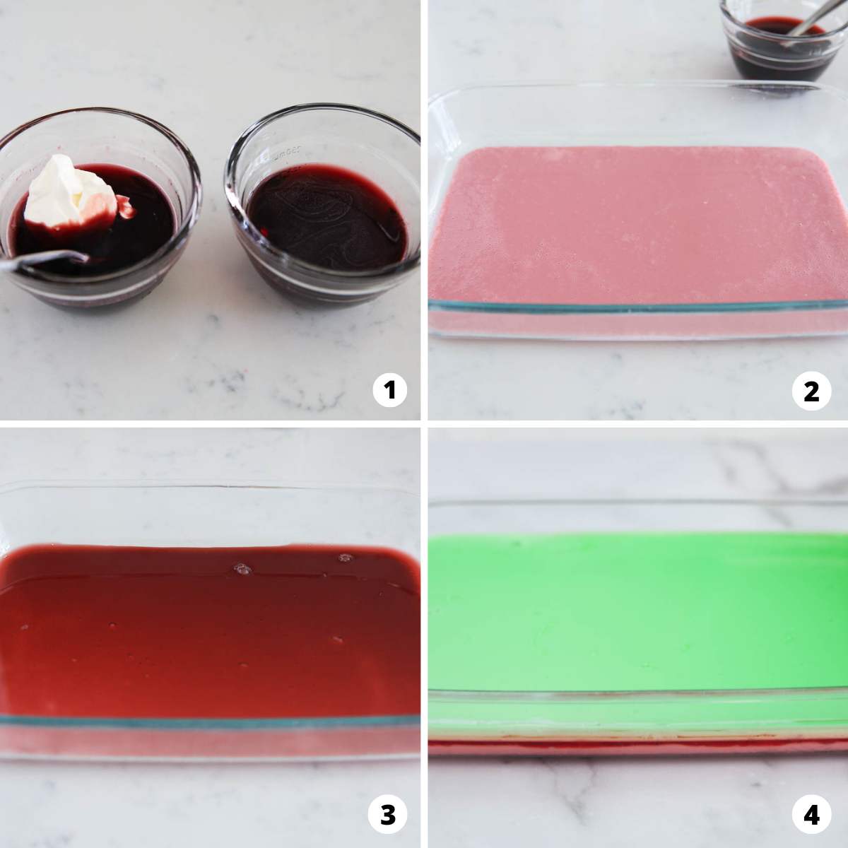 The process of making rainbow jello in a four step photo collage. 