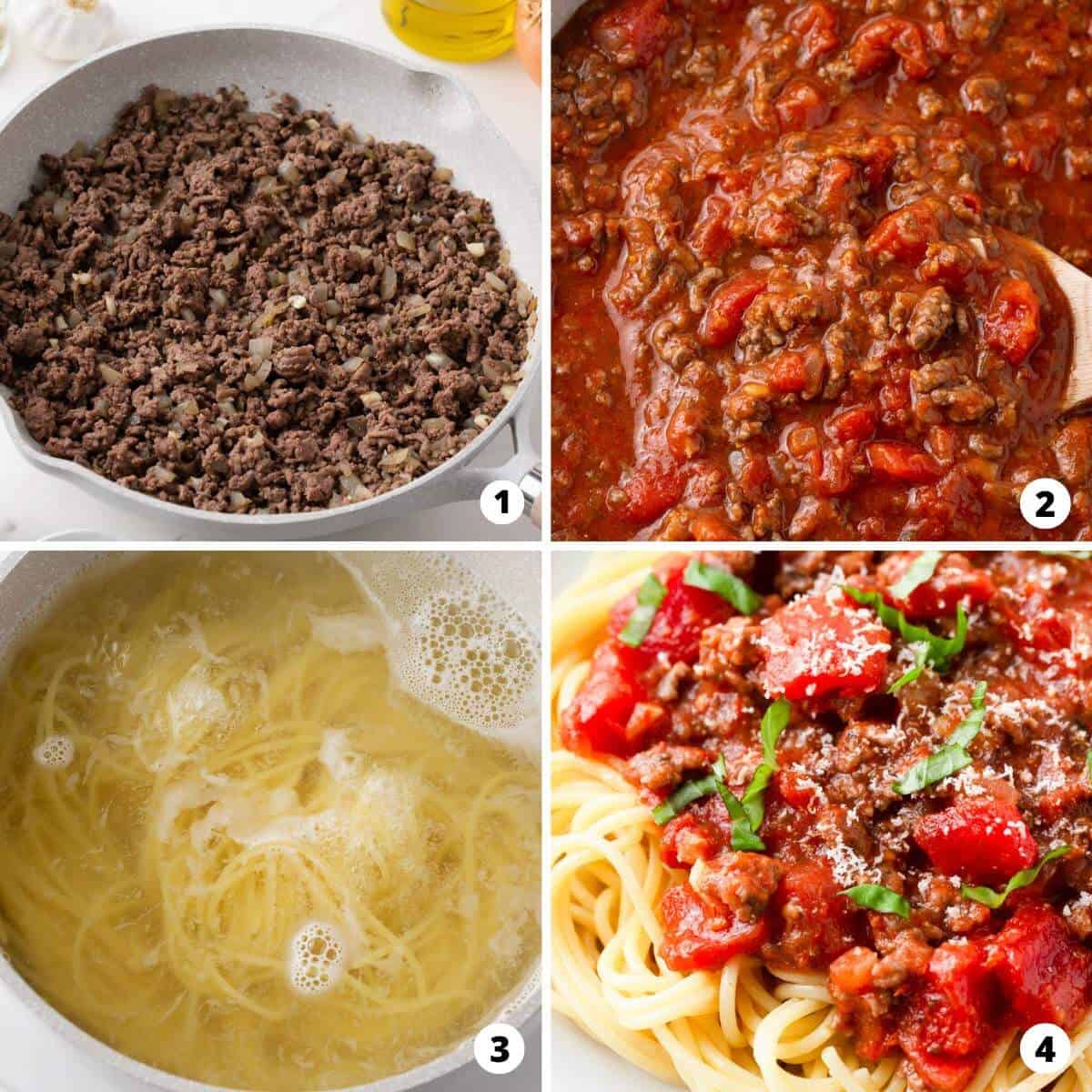 Showing how to make spaghetti with ground beef.