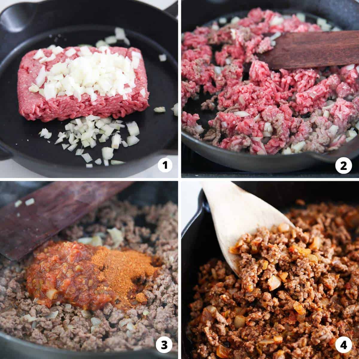 Showing how to make taco meat in a 4 step collage. 
