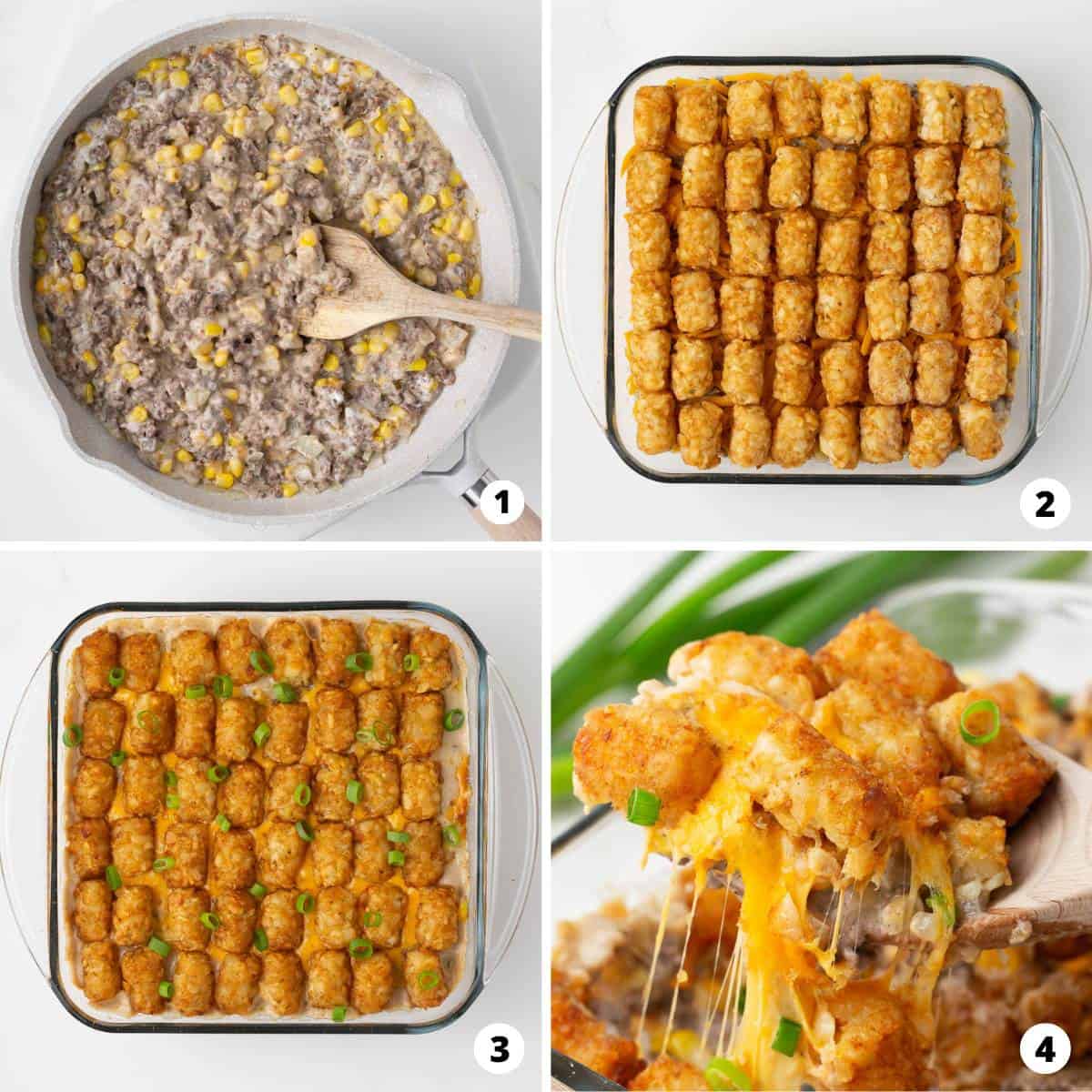 Showing how to make tater tot casserole in a 4 step collage.